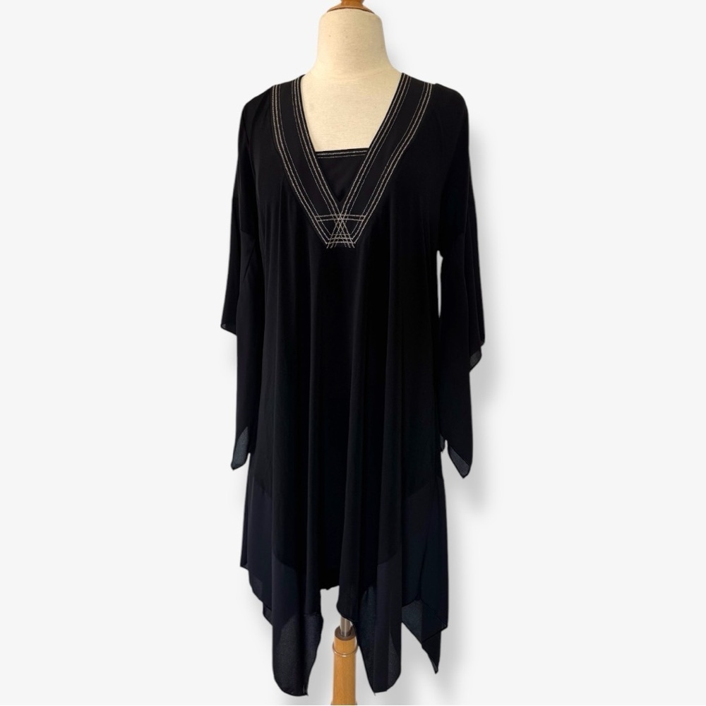 BCBG Max Azria Black Embroidered Caftan Dress Handkerchief Hem Kimono Sleeve - Picture 6 of 12
